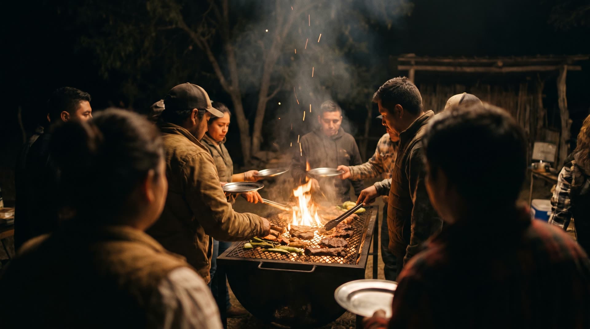 Asado nocturno alrededor del fuego